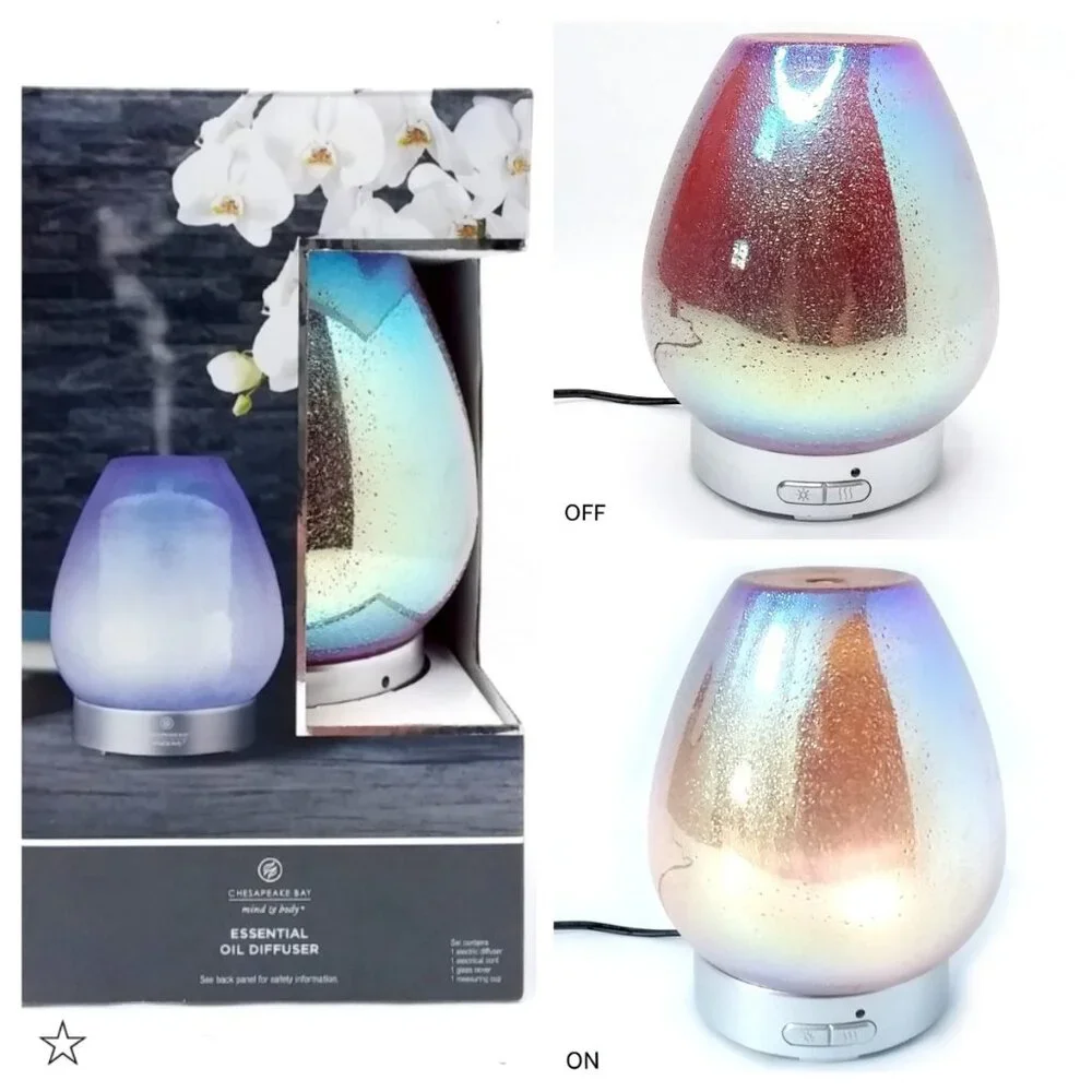 Essential Oil Diffuser Glass Dome Iridescent Metallic Ultrasonic Light Mist NIB